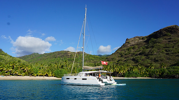 At anchor, Tahuatu, Marquesa islands, French Polynesia